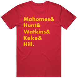 Mahomes & Hunt & Watkins & Kelce & Hill Kansas City Football Fan Mens Cotton Tee T Shirt