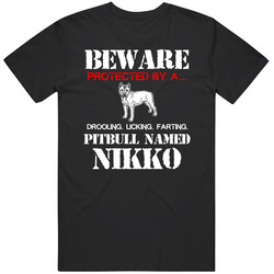 Beware Protected By A Pitbull Nikko Dog Pet Lover Mens Cotton Tee T Shirt