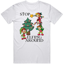 Stop Elfing Around Cute Funny Elves Decorating Tree Christmas Mens Cotton Tee T Shirt