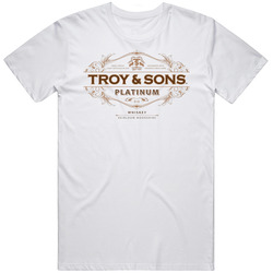 Troy & Sons Platinum Moonshine Whiskey Label Logo Mens Soft Cotton Tee T Shirt