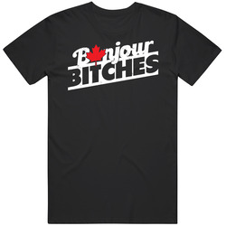 Bonjour Bitches Funny Canada Montreal French Hello Worn Look Mens Soft Cotton Tee T Shirt