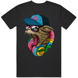 Crazy Dj Cat Design-2 Black Flat Cotton Classic T Shirt