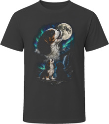 Tricolor and Black Cavapoo Doodle Dog Howling at the Moon While Puppy Watches T-Shirt