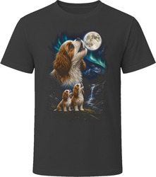 Two Blenheim Cavapoo Doodle Dogs Howling at the Moon T-Shirt
