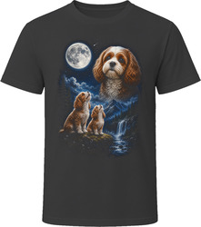 Two Blenheim Cavapoo Doodle Dogs Howling at the Moon T-Shirt