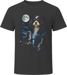 Tricolor Cavapoo Doodle Dog Howling at the Moon Over the Lake T-Shirt