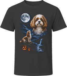 Blenheim Cavapoo Doodle Dog Halloween Howling at the Moon with Pumpkins T-Shirt