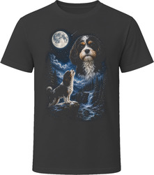 Tricolor Cavapoo Doodle Dog Winter Snow Howling at the Moon T-Shirt