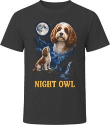Blenheim Cavapoo Doodle Dog Night Owl Howling at the Moon T-Shirt