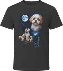 Parti Maltipoo Doodle Dog and Puppy Howling at the Moon Together T-Shirt Parti Maltipoo Doodle Dog and Puppy Howling at the Moon Together T-Shirt