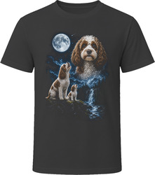 Parti Cockapoo Doodle Dog and Puppy Howling at the Moon Together T-Shirt