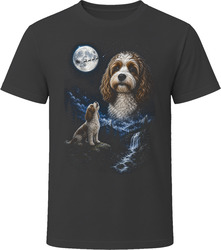 Parti Cockapoo Doodle Dog Christmas Howling at the Moon with Santa Sleigh T-Shirt