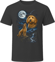 Golden Goldendoodle Doodle Dog Halloween Witch Hat Howling at the Moon with Bats T-Shirt Golden Goldendoodle Doodle Dog Halloween Witch Hat Howling at the Moon with Bats T-Shirt