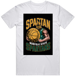 text to say Norfolk State Spartans in team colors - A fierce Spartan warrior holds a golden shield with a basketball emblem, engraved in bold, powerful lettering. Strong greens and golds ensure a vibrant print on a black t-shirt using DTF printing.nn T 