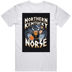 School Colors: ? Gold & Blacknmascot: ⚔️ Victor E. Vikingnprompt:nnorthern Kentucky Norse - Victor E. Viking Gripping A Basketball In One Hand And Raising A Golden Battle Axe In The Other, With A Fierce Stormy Sky Behind Him.  T Shirt