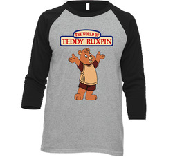 The World Of Teddy Ruxpin Popular 80s Childrens Teddy Bear Baseball Raglan Vintage Raglan 3/4 Sleeve Shirt