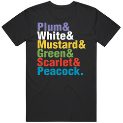 Plum White Mustard Green Scarlet Peacock Clue Character Board Game Retro T Shirt