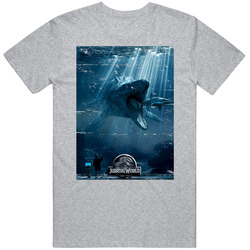 Jurassic World Shark Eating Dinosaur Movie Poster Worn Look Classic Retro T Shirt
