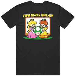 Two Girls 1 Up Funny Mario Video Game Men’s 100% Cotton Black T Shirt
