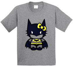 Kids T Shirt with Hello Kitty Dressed as Batman Parody T Shirt Kids T Shirt with Hello Kitty Dressed as Batman Parody T Shirt