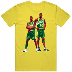 Shawn Kemp And Gary Payton Illustrated Distressed vintage retro daisy yellow T Shirt Shawn Kemp And Gary Payton Illustrated Distressed vintage retro daisy yellow T Shirt