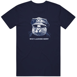 Who's Laughing Meow Cat With Cop Hat As Worn By Deron Williams Vintage Classic Navy Blue T Shirt Who's Laughing Meow Cat With Cop Hat As Worn By Deron Williams Vintage Classic Navy Blue T Shirt