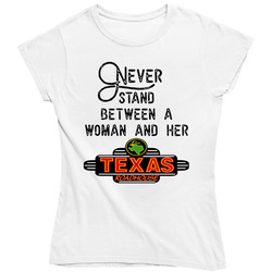 Never Stand Between A Woman And Her Texas Roadhouse Retro Vintage Classic Food Ladies T Shirt Never Stand Between A Woman And Her Texas Roadhouse Retro Vintage Classic Food Ladies T Shirt