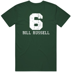 Bill Russell #6 Boston Basketball Fan Worn Look Sports Vintage Retro Forest Green T Shirt Bill Russell #6 Boston Basketball Fan Worn Look Sports Vintage Retro Forest Green T Shirt