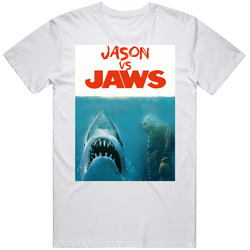 Jason Voorhees Vs Jaws Friday The 13th Movie Poster Mashup Fan Mens Size Large White T Shirt Jason Voorhees Vs Jaws Friday The 13th Movie Poster Mashup Fan Mens Size Large White T Shirt