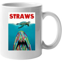 Straws Jaws Poster Parody Save The Turtles 11 Oz Mug Straws Jaws Poster Parody Save The Turtles 11 Oz Mug