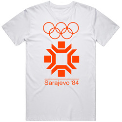 Sarajevo Winter 1984 Olympics Retro Logo World Olympiad Event Unisex White T Shirt Sarajevo Winter 1984 Olympics Retro Logo World Olympiad Event Unisex White T Shirt