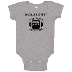 Gonzales County Faith Family Football Distressed Look Baby One Piece Gonzales County Faith Family Football Distressed Look Baby One Piece