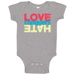 Love Conquers Hate Valentine's Day Worn Look Baby One Piece Love Conquers Hate Valentine's Day Worn Look Baby One Piece
