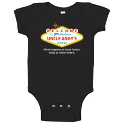 What Happens At Uncle Andy House Las Vegas Parody Party Baby One Piece What Happens At Uncle Andy House Las Vegas Parody Party Baby One Piece