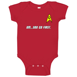 Red Shirt Security You Go First Baby One Piece