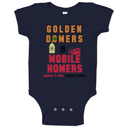 Golden Domers Vs Mobile Homers Notre Dame Alabama Blue Baby One Piece Golden Domers Vs Mobile Homers Notre Dame Alabama Blue Baby One Piece