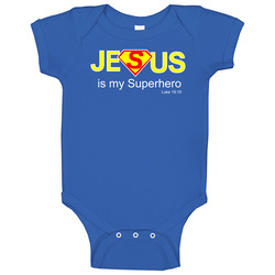 Jesus Is My Superhero Royal Blue Baby One Piece