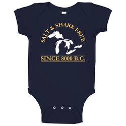 Salt And Shark Free Since 8000 Bc Funny Michigan Lakes Baby One Piece Salt And Shark Free Since 8000 Bc Funny Michigan Lakes Baby One Piece