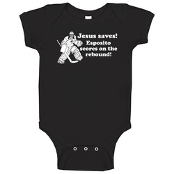 Jesus Saves Espo Scores On The Rebound Phil Esposito Boston Hockey Fan Onesie Baby One Piece Jesus Saves Espo Scores On The Rebound Phil Esposito Boston Hockey Fan Onesie Baby One Piece