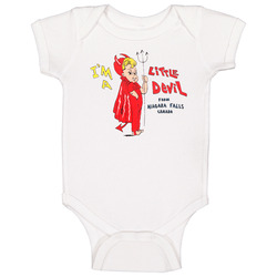 Im A Little Devil From Niagara Falls Canada Ella White Lucifer Baby One Piece Im A Little Devil From Niagara Falls Canada Ella White Lucifer Baby One Piece