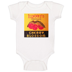 Lowney's Cherry Blossom Chocolate Covered Vintage Box Distressed Look Baby One Piece Lowney's Cherry Blossom Chocolate Covered Vintage Box Distressed Look Baby One Piece