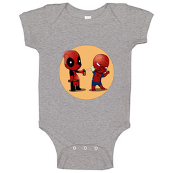 Deadpool T Shirt Spraying Spiderman With Pesticide Cute Cartoon Comic Graphic Image onesie Baby One Piece