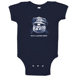 Who's Laughing Meow Cat With Cop Hat As Worn By Deron Williams onesie Baby One Piece Who's Laughing Meow Cat With Cop Hat As Worn By Deron Williams onesie Baby One Piece