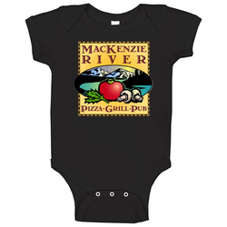 Mackenzie River Pizza Grill Pub Cool Pizzeria Restaurant Brand Logo romper Baby One Piece Mackenzie River Pizza Grill Pub Cool Pizzeria Restaurant Brand Logo romper Baby One Piece