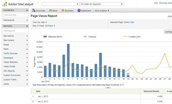 This screenshot comes from Adobe Site Catalyst (Omniture). It shows the page views for my help material.