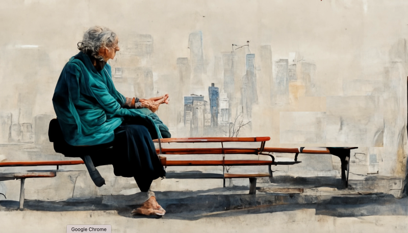 old woman sitting on bench with legs crossed and hand in air asking question talking with others in meditative pose city scape in background realistic