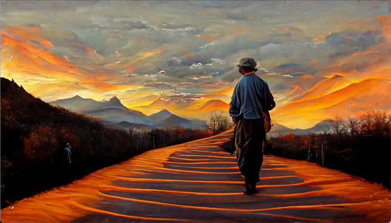 man walking winding paths trails criss crossing and meandering mountains in distance with sunset realistic