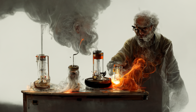 old man conducting experiments in lab with bunson burner and beaker and flame in lab room smoke