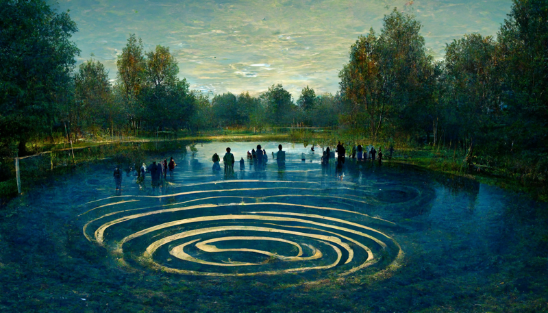 words in middle of pond with ripples surrounding it concentric circles expanding outward to people looking at side of pond realistic