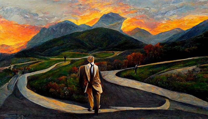 man in suit walking on twisting winding road side of road with vista in background mountains sunset perspective long walking realistic